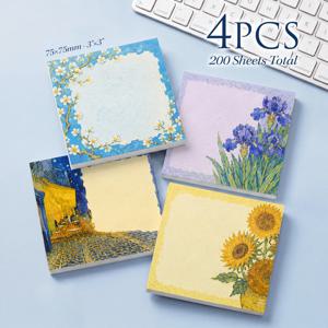 반 고흐에서 영감을 받은 스티커 메모지 4개 세트, 총 200매, 75x75mm (3x3인치), 해바라기, 아이리스, 꽃, 카페, 유화 테마 메모 패드