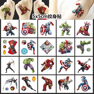 20pcs 애니메이션 어벤저스 임시 문신 스티커 5x5cm 만화 물 전송 일회용 바디 스티커 소년을위한 파티 장식 선물