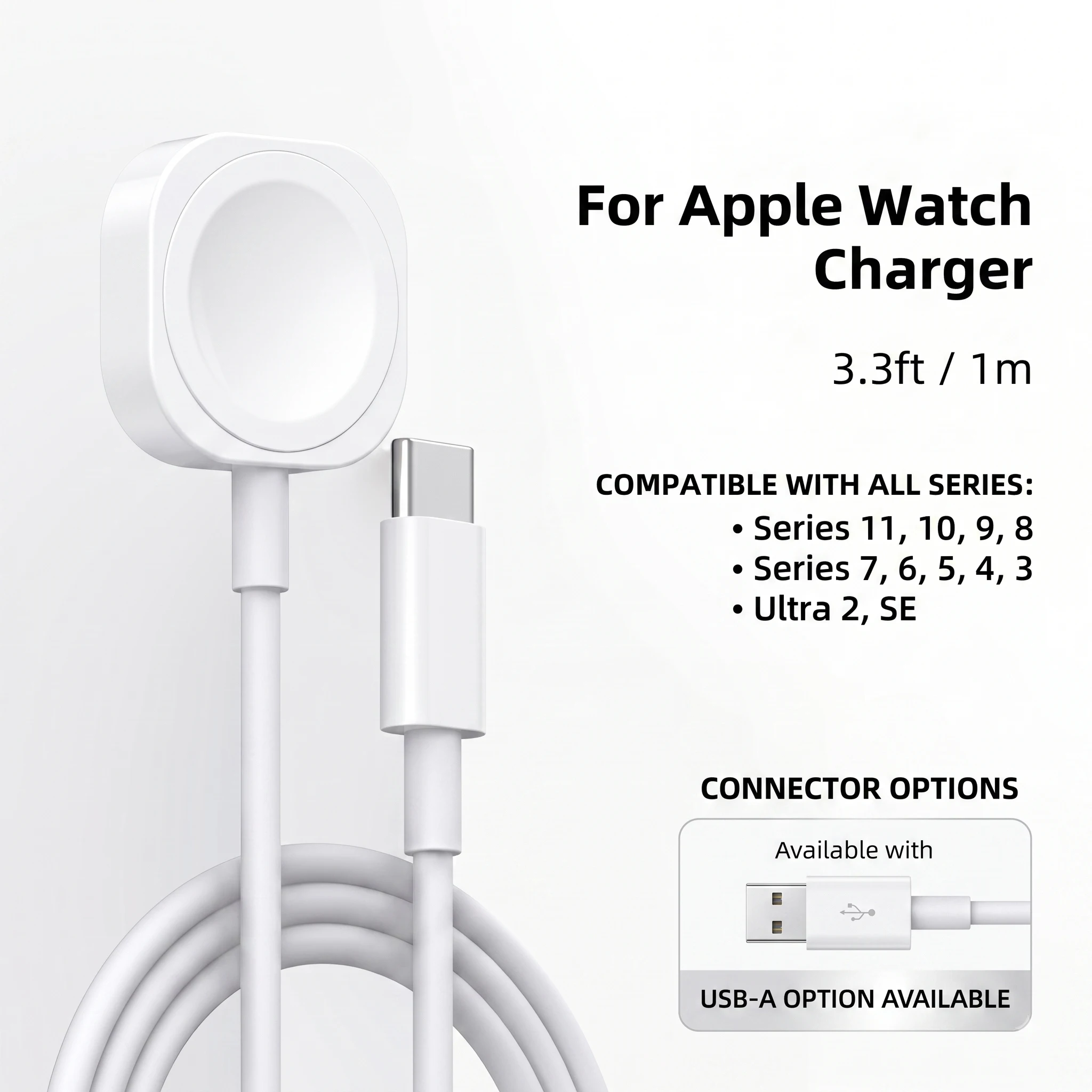 애플워치용 마그네틱 무선 충전기 USB 타입 C 충전 케이블 (애플워치 11, 10, 9, 8, 7, 6, 5, 4, 3, 2, 1, 울트라, iWatch 충전기)