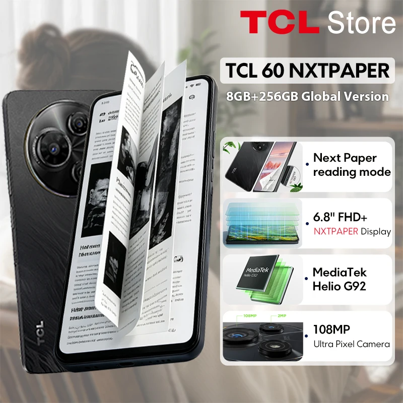 스마트폰 TCL 60 NXTPAPER 6.8인치 FHD+ NXTPAPER 눈부심 방지 아이케어 디스플레이 108MP 울트라 픽셀 카메라 Helio G92 글로벌 버전