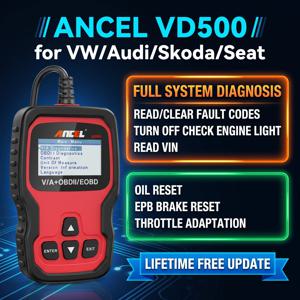 ANCEL VD500 OBD2 스캐너 자동차 진단 도구 폭스바겐 아우디 스코다 시트용 풀 시스템 스캔 코드 리더 오일 리셋 EPB 스로틀 어댑터