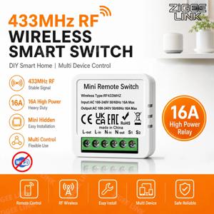 16A RF433MHz 무선 원격 제어 릴레이 모듈 AC100-240V 가정용 LED 조명 자동화를 위한 양방향 제어 DIY 수신기