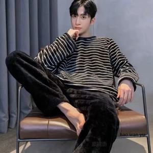 플러스 사이즈 가을, 겨울 잠옷 남성 한국어 버전 줄무늬 긴팔 잠옷 홈웨어 세트 산호 양털 잠옷