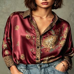 여성 라펠 칼라 긴팔 버튼 셔츠 플로럴 레오파드 믹스 프린트 우아한 캐주얼 루즈 데일리 블라우스 탑 여성용