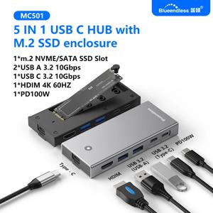 블루엔들리스 M2 SATA/NVMe SSD 인클로저 USB C 허브 노트북 도킹 스테이션 4K 60Hz HDMI-Com USB3.2 10Gbps PD100W SD/TF SSD 케이스