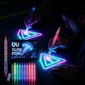 12-18색 UV 듀얼팁 야광펜 블랙라이트 반응 마커 무독성 세척 가능 바디 아트 DIY 공예 형광펜