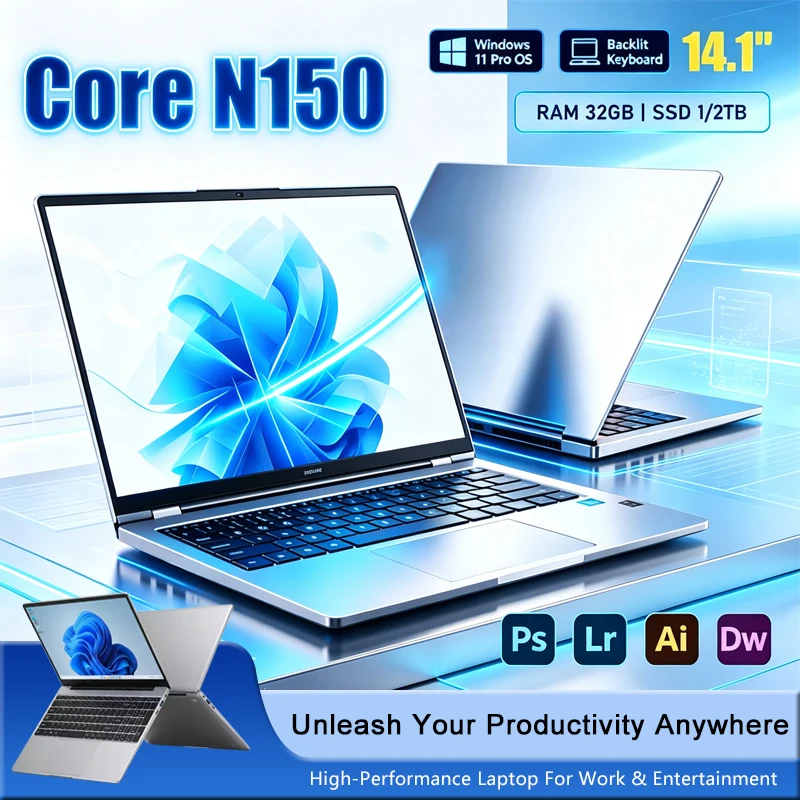 인텔 코어 N150 노트북, 14.1인치 초슬림 디자인, 2TB 대용량 SSD 저장 공간, 윈도우 11 탑재, 휴대용 PC, 사무 및 일상 업무에 적합
