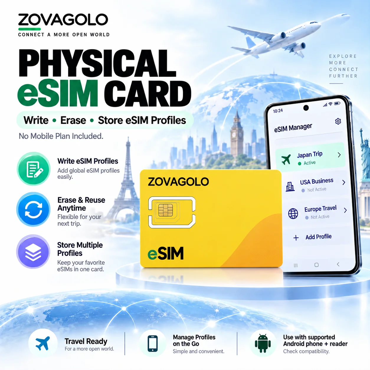 ESIM 물리 카드, EUICC 어댑터, 재사용 가능한 EUICC 카드, 10~15개의 ESIM 프로필 저장, 여행, 비즈니스, IoT용 ESIM 쓰기 및 삭제 기능, ZOVAGOLO