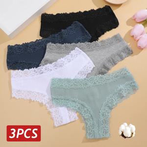 여성용 섹시한 레이스 심리스 코튼 브라질 팬티, 골진 친밀한 통기성 팬티, 로우 웨이스트 여성 코튼 속옷, 3PCs/세트