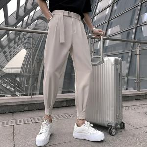 할란 남성용 플러스 빅 사이즈 화이트 플리츠 바지, 벨트 9 크롭, 우아하고 세련된 남자 정장 바지, 한국 스타일 의류