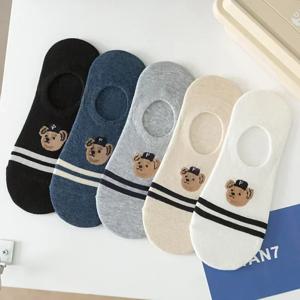 5 쌍 패션 남성용 보트 양말 미끄럼 방지 투명 실리콘 코튼 발목 슬리퍼 만화 곰 여름 가을 착용