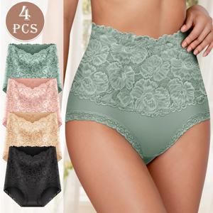 4pcs 하이 웨이스트 팬티 숙녀 자카드 패턴 섹시한 레이스 엉덩이 리프팅 및 쉐이핑 피부 친화적이고 부드럽고 편안한 코튼