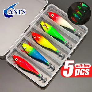 ANFS 5pcs 빛나는 오징어 후크 - 수평 새우 미끼 - Egi용 미끼, 오징어 오징어 지그, 문어 낚시용 하드 미끼