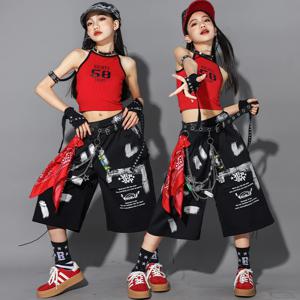 여아 힙합 크롭 레드 탱크탑 카고 반바지 아동 K팝 스트릿 댄스 의상 키즈 걸그룹 스트릿웨어 재즈 옷 세트