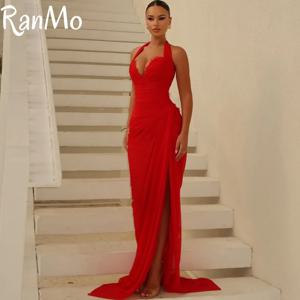 Ranmo 2025 롱 쉬스 레드 웨딩 파티 댄스 파티 드레스 홀터넥 섹시한 사이드 포크 이브닝 가운 사우디 맞춤형 فساتين سهرة