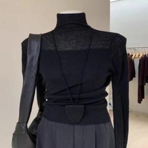 Afashion 블랙 슬림핏 니트 베이스 셔츠 여성용 하이 칼라 이너웨어 분위기 있는 탑 부드러운 한국 스타일 긴팔 솔리드 컬러