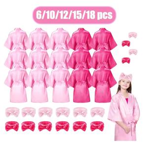 6-18Pcs 소녀를위한 스파 파티 가운 어린이 생일 기모노 새틴 가운 슬럼버 파티 잠옷 파티 가운 핑크 파티 선물