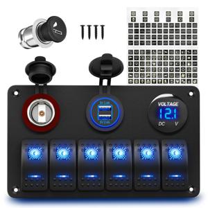 6구 마린 스위치 패널 보트 스위치 패널 방수 12V 로커 스위치 패널 LED 조명 USB 시거잭 전압계 포함