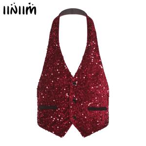 남성용 반짝이는 스팽글 벨벳 조끼, 홀터넥 V넥 앞단추 백리스 베스트 탱크탑, 칵테일 파티 댄스 프롬 의상