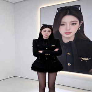 블랙 울 코트와 미니스커트 세트 여성 패션 슬리밍 가을 의상 하이웨이스트 숏 스커트 버튼 디테일