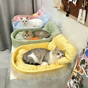 귀여운 레이스 장식 애완 고양이 공주 소파 침대 (사계절용) 세탁 및 분리 가능 부드러운 플러시 소재 타원형 소형견/고양이용