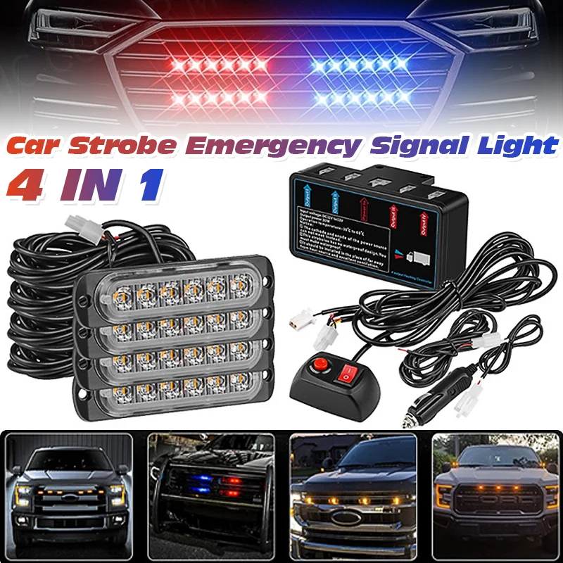 12V 24V 자동차 LED 전면 그릴 스트로브 경고등 고휘도 적색 청색 비상 깜빡이 신호등 트럭 트레일러용