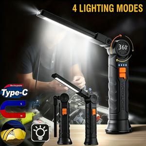 800LM 휴대용 COB LED 작업등, USB 충전식 자석 걸이형 램프, 내장 배터리, 캠핑 비상 야외용 4가지 모드