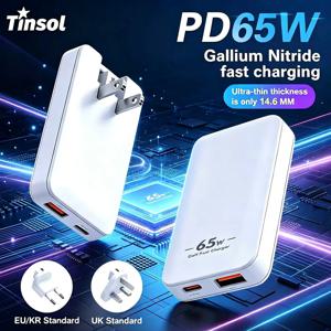 TINSOL 65W 초박형 질화갈륨 충전기, 미국/유럽/한국/영국용 USB-C 듀얼 포트 고속 충전, 다국가용 여행용 어댑터