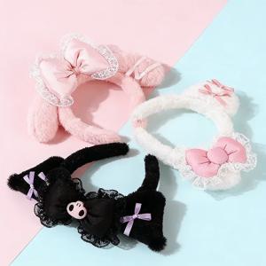 귀여운 헬로 키티 플러시 헤어 밴드 멜로디 쿠로미 핑크 블랙 보우 플러시 헤드 밴드 코스프레 할로윈 파티 의상 헤어 액세서리 선물