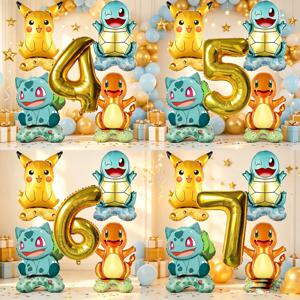 5pcs 만화 포켓몬 피카추 Charmander Squirtle Bulbasaur 풍선 번호 세트 생일 파티 장식 라텍스 풍선
