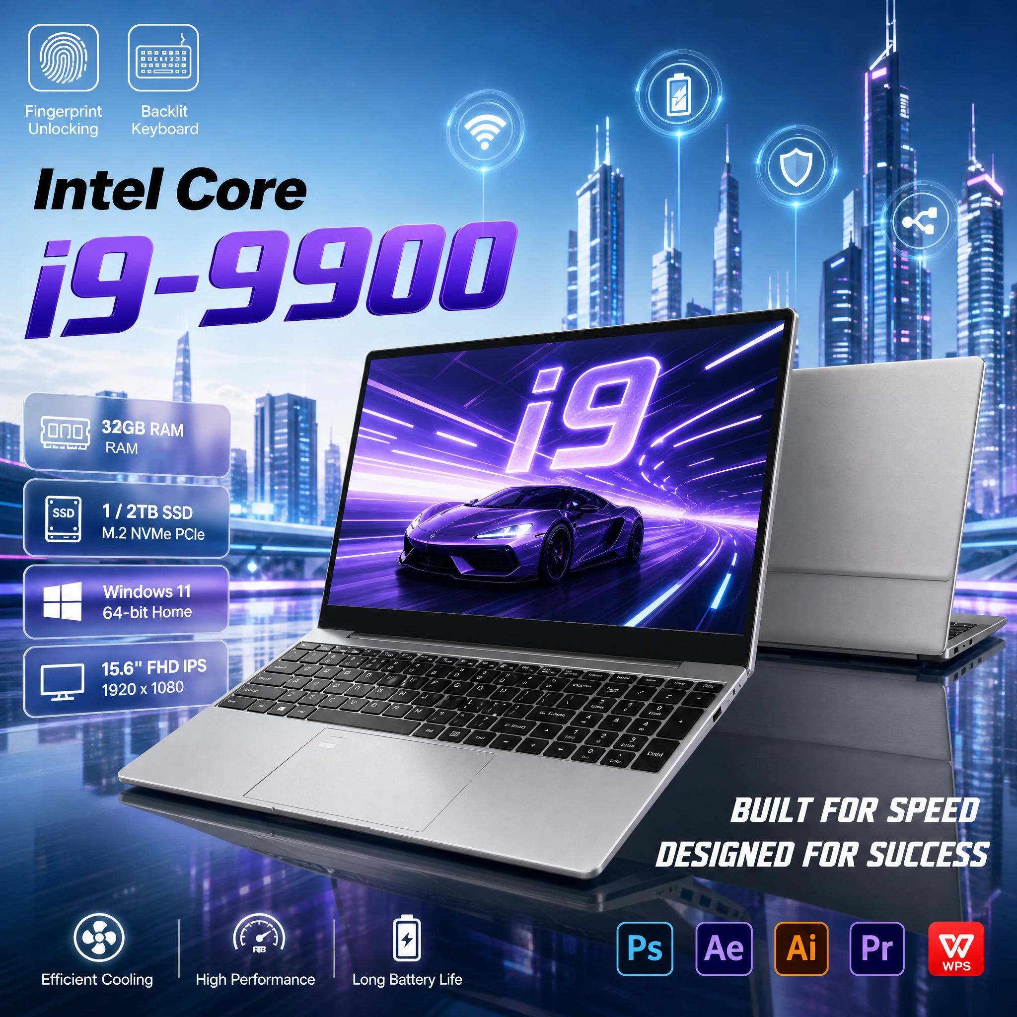 LENO 15.6인치 휴대용 노트북, 32GB RAM, 2TB 저장 공간, 인텔 코어 i9 9900 프로세서, 윈도우 11 운영체제, 게이밍 PC, 사무용, 초슬림 디자인, 1920x1080 해상도.