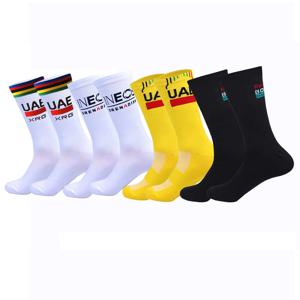 흰색 UAE 사이클링 양말, 빨간색 팀 로고, 가벼운 소재, 통기성이 좋은 메시 디자인, MTB 자전거용, 남녀 공용, 성인용, 압박 기능, 미끄럼 방지 기능, 러닝 양말.