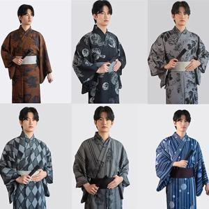 남성용 일본식 전통 기모노 벨트 포함 주름 방지 편안한 프린트 유카타 홈 목욕 가운 코스프레 의상