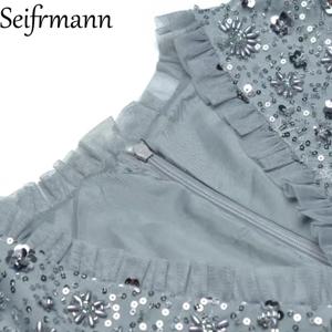 Seifrmann 2026 봄 여성 신상 패션 브이넥 페이페이 반팔 반짝이는 비즈 메쉬 허리 조임 드레스