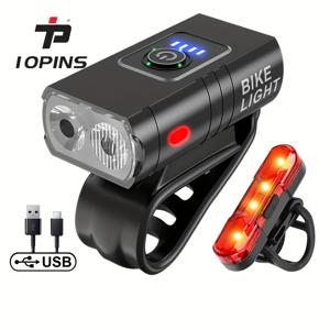 새로운 LED 자전거 라이트 2개 1000Lm USB 충전식 파워 디스플레이 산악 자전거 전조등 손전등 사이클링 장비 + 자전거 후미등 세트