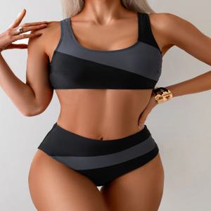여성용 스포티 투피스 수영복, 슬림핏 컬러 블록 패치워크 비키니, 하이웨이스트 수영복