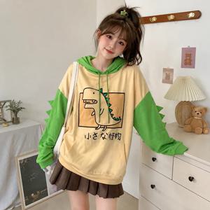 귀여운 공룡 후드티 카툰 그래픽 풀오버 스웨트셔츠 긴소매 오버사이즈 캐주얼 Y2K 스트리트웨어 후드탑