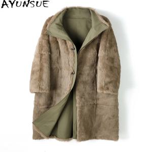 AYUNSUE 리얼 래빗 퍼 코트 여성 의류 2026 따뜻한 겨울 재킷 패션 여성 코트 롱 111cm 리버시블 카사코 페미니노