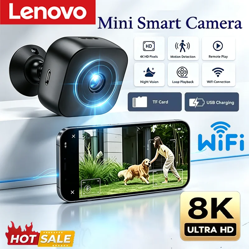 Lenovo 보안 미니 카메라, 8K HD 고화질, 완벽한 감시 기능, Wi-Fi 연결, 양방향 오디오, 적외선 야간 투시, 움직임 감지, 가정용 및 반려동물 모니터링용.