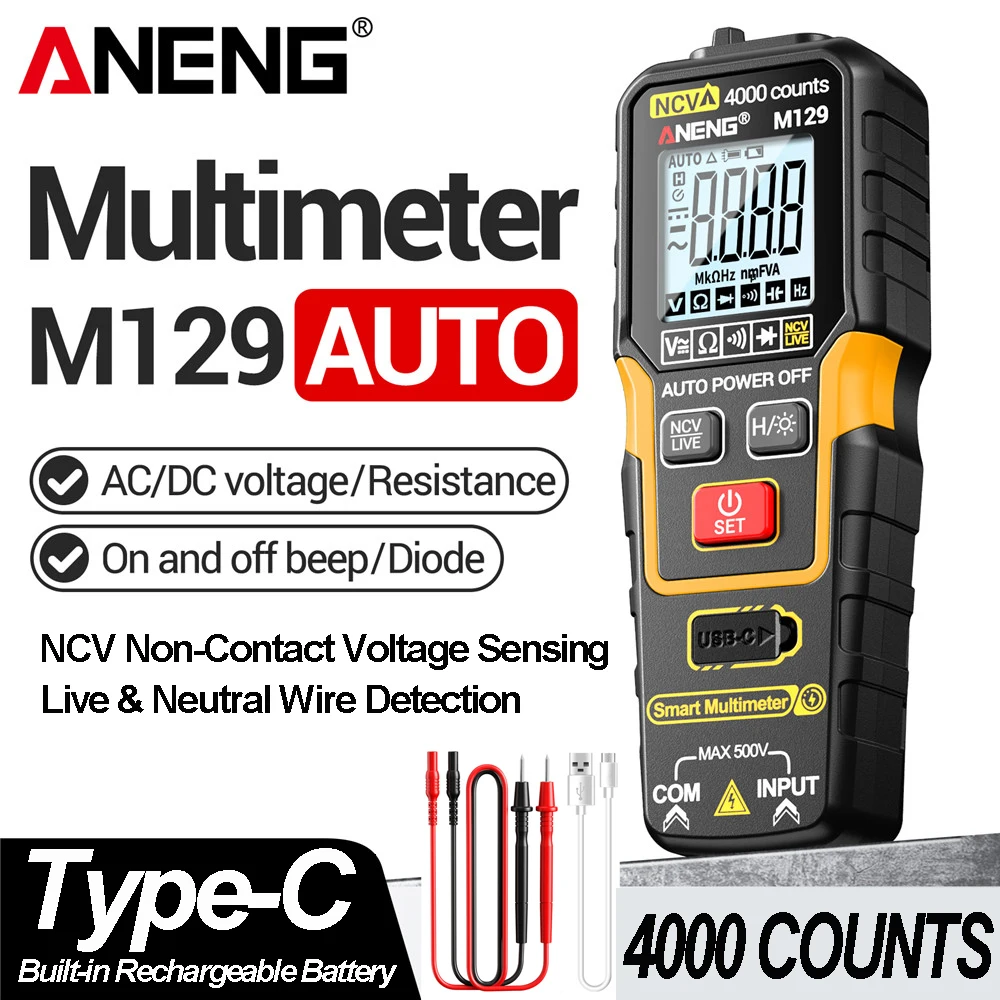 ANENG M129 충전식 디지털 멀티미터 4000 카운트 NCV AC DC 전압 저항 측정기(손전등 포함) 자동 범위 조정
