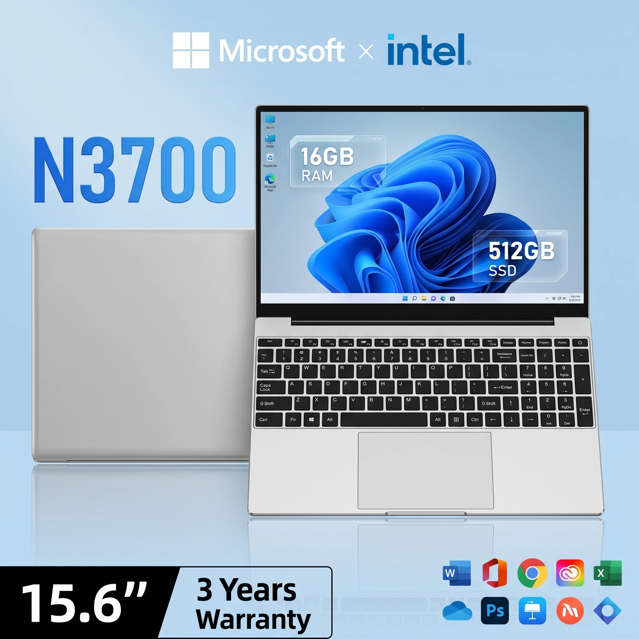 LENO 15.6인치 노트북, 초슬림 디자인, Windows 11 운영체제, Intel N3700 프로세서, 16GB RAM, 2TB SSD, 게이밍용, 1920x1080 해상도, 사무 및 학습용 컴퓨터, PC.