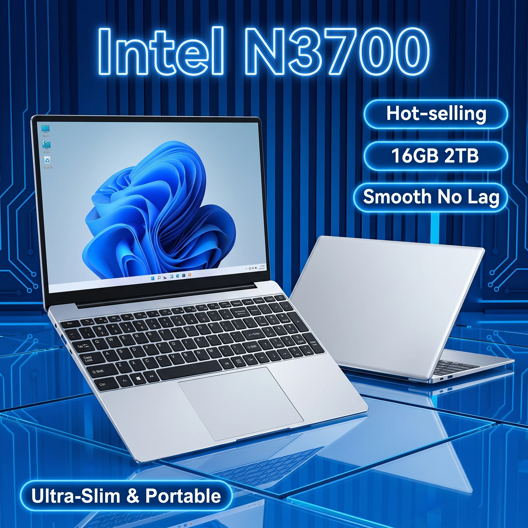 2026년형 15.6인치 초슬림 노트북, Intel N3700 프로세서, 16GB RAM, 2TB SSD, Windows 11 운영체제, 게이밍 노트북, 1920x1080 해상도, 사무 및 학습용 컴퓨터, PC.