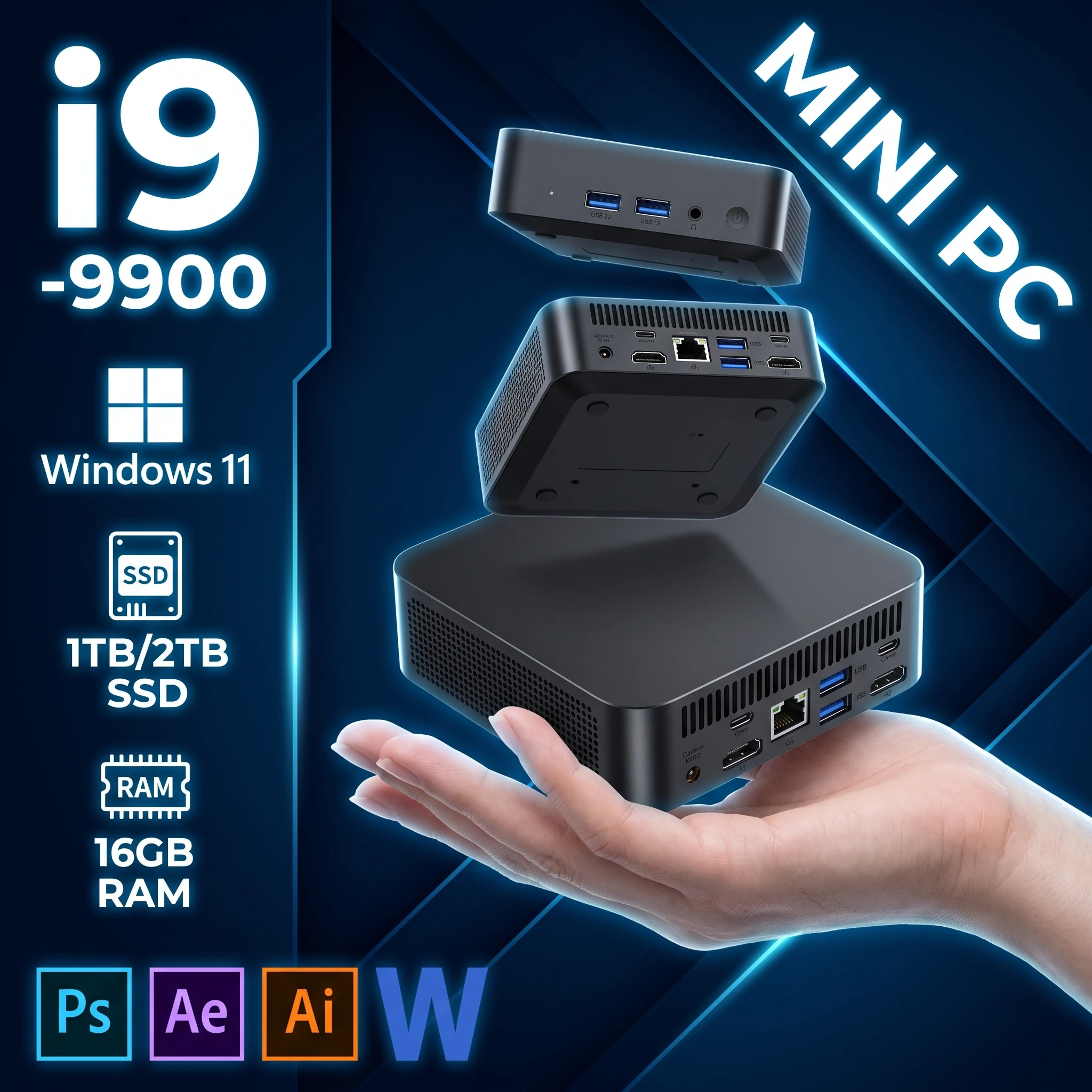 2026년형 휴대용 미니 PC, 게이밍 컴퓨터, 32GB RAM, 2TB SSD, Windows 11, Intel Core i9-9900, FHD, 블루투스, Wi-Fi 6, 게이밍 및 사무용, 4K HDMI 지원