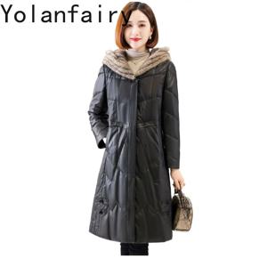 욜란페어리(YOLANFAIRY) 정통 양가죽 다운 코트, 여성용 니트 밍크 퍼 칼라, 천연 가죽 재킷, 오리털 패딩 코트, 겨울용