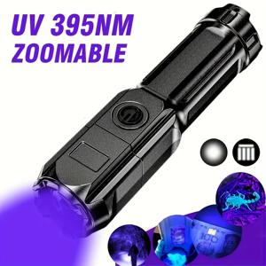 휴대용 UV 손전등 UV395NM Zoomable ABS 토치 3 가지 모드 애완 동물 스택 형광 감지를위한 캠핑 자외선 손전등