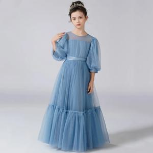 사용자 정의 꽃의 소녀 드레스 블루 그레이 Tulle 웨딩 생일 연회 성찬식 가운에 대한 활 벨트 하프 슬리브와 계층화
