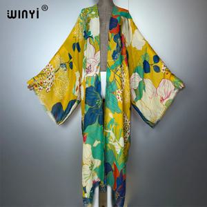 WINYI 아프리카 패션 기모노 맥시 드레스 비치 커버업 카디건 보헤미안 코트 프린트 카프탄 비치 의상 여성 아바야 두바이 럭셔리