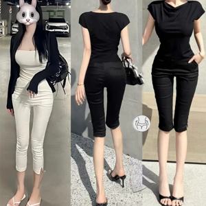 슬리밍 컬러 엘라스틱 캐주얼 팬츠 여성용 얇은 스플릿 7부 길이 청바지 하이웨이스트 코튼 스트레치 데님