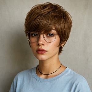 짧은 갈색 레이어드 스트레이트 헤어스타일 가발(앞머리 포함), 자연스러운 인모 풀머신 제작 픽시컷 가발(여성용)