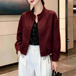 여성 가을 ​​스탠드 칼라 짧은 재킷 얇은 캐주얼 긴팔 크롭 탑 루즈 코트 패션 우아한 솔리드 컬러 심플 작업복